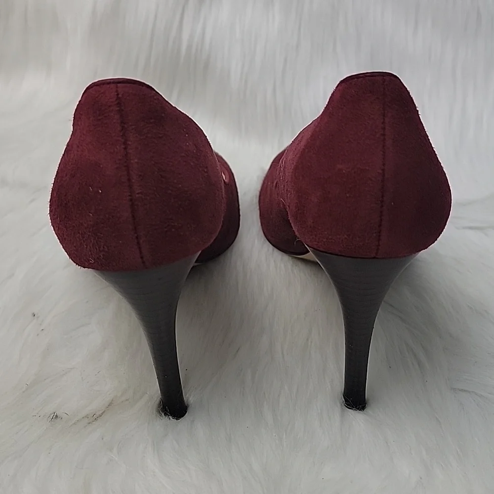 MICHAEL KORS Cynthia Bordeaux Zipper Brown‎ Leather Cap Toe Suede Office Heels 6